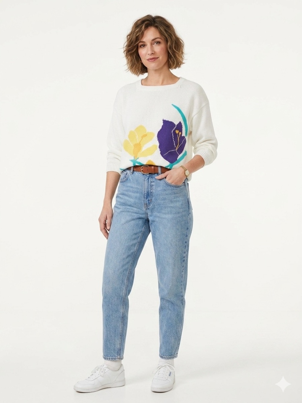 Vintage 80’s 90’s Claude Vernet Ramie & Cotton White Floral Knit Sweater Medium